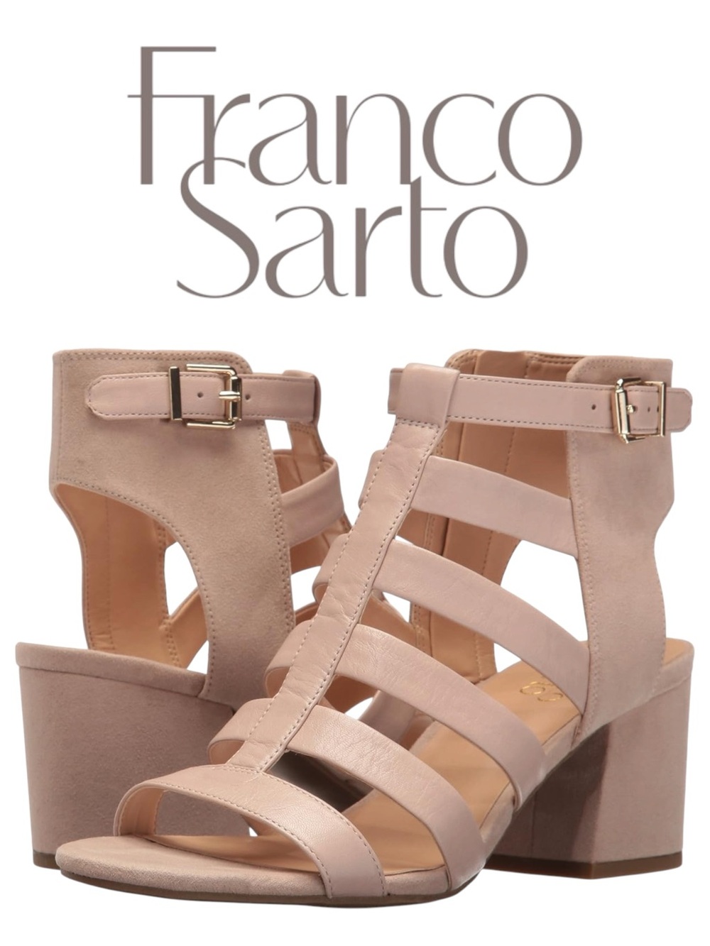 Franco Sarto Pavilion Beige Mesa Blush Leather Gladiator Block Heel Sandals Sz 6